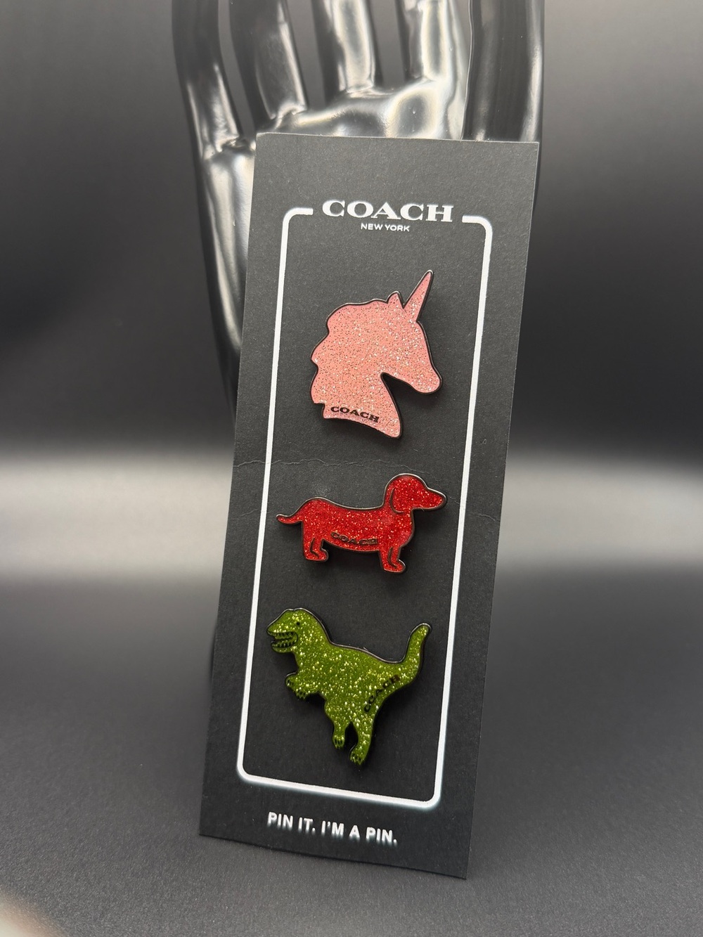 Coach Glitter Unicorn Pink, Red Dachshund, Green Dinosaur Enamel Pin Set